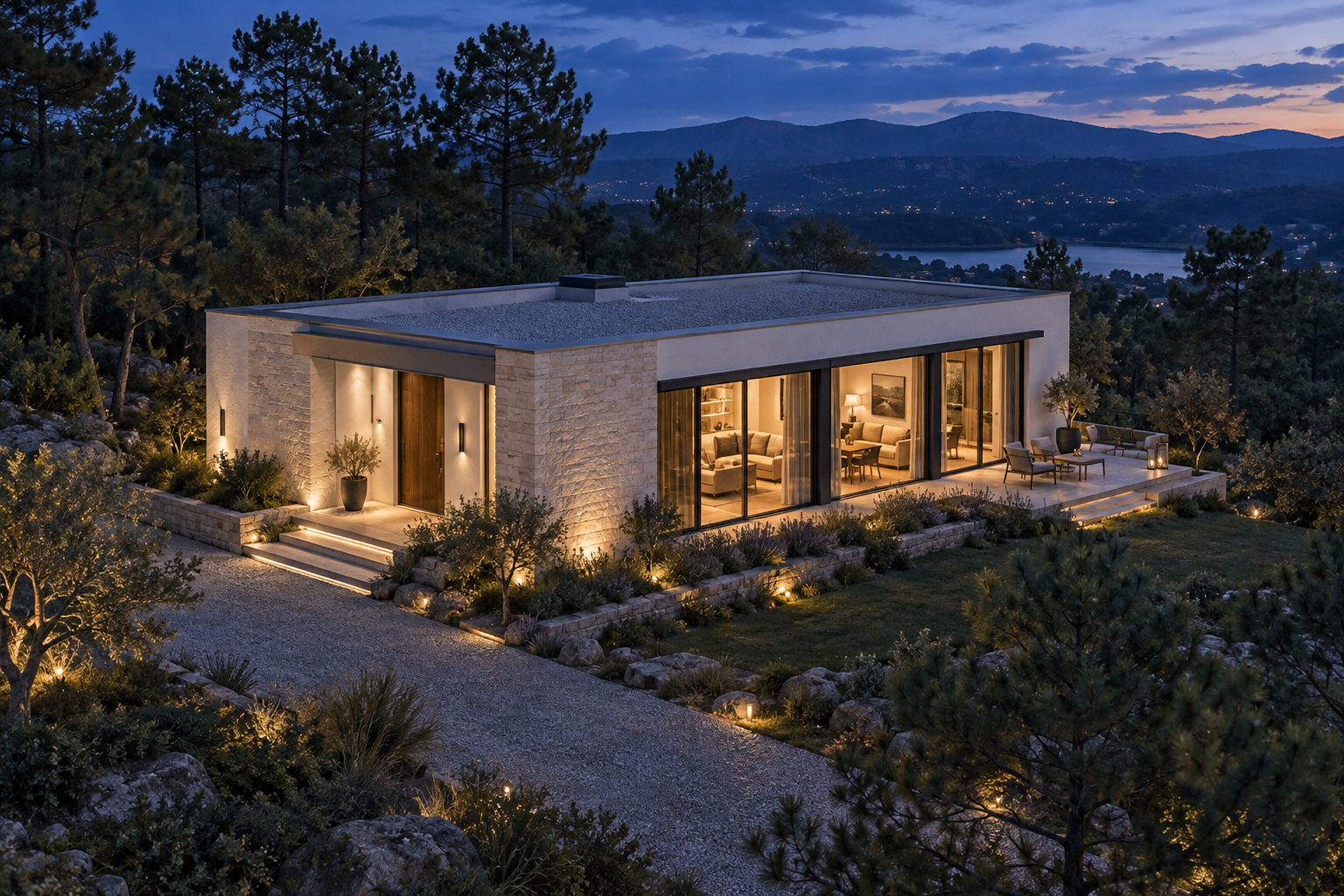 Visualización conceptual de una casa contemporánea de una planta, con piedra clara, grandes ventanales y luz cálida en un entorno arbolado al anochecer.